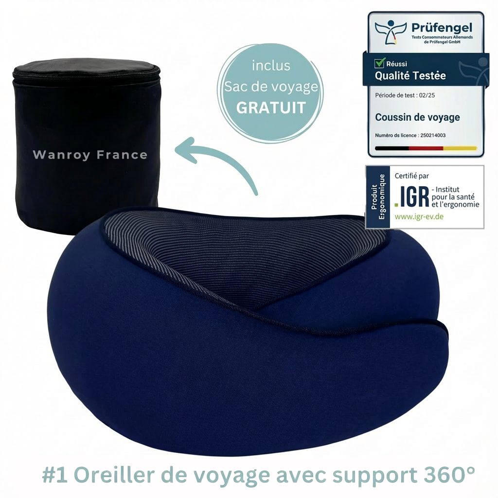 Coussin de voyage Wanroy bleu - oreiller cervical avion