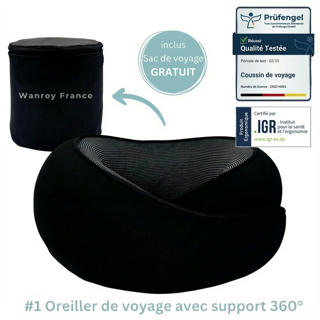 Coussin de voyage Wanroy noir - oreiller cervical ergonomique