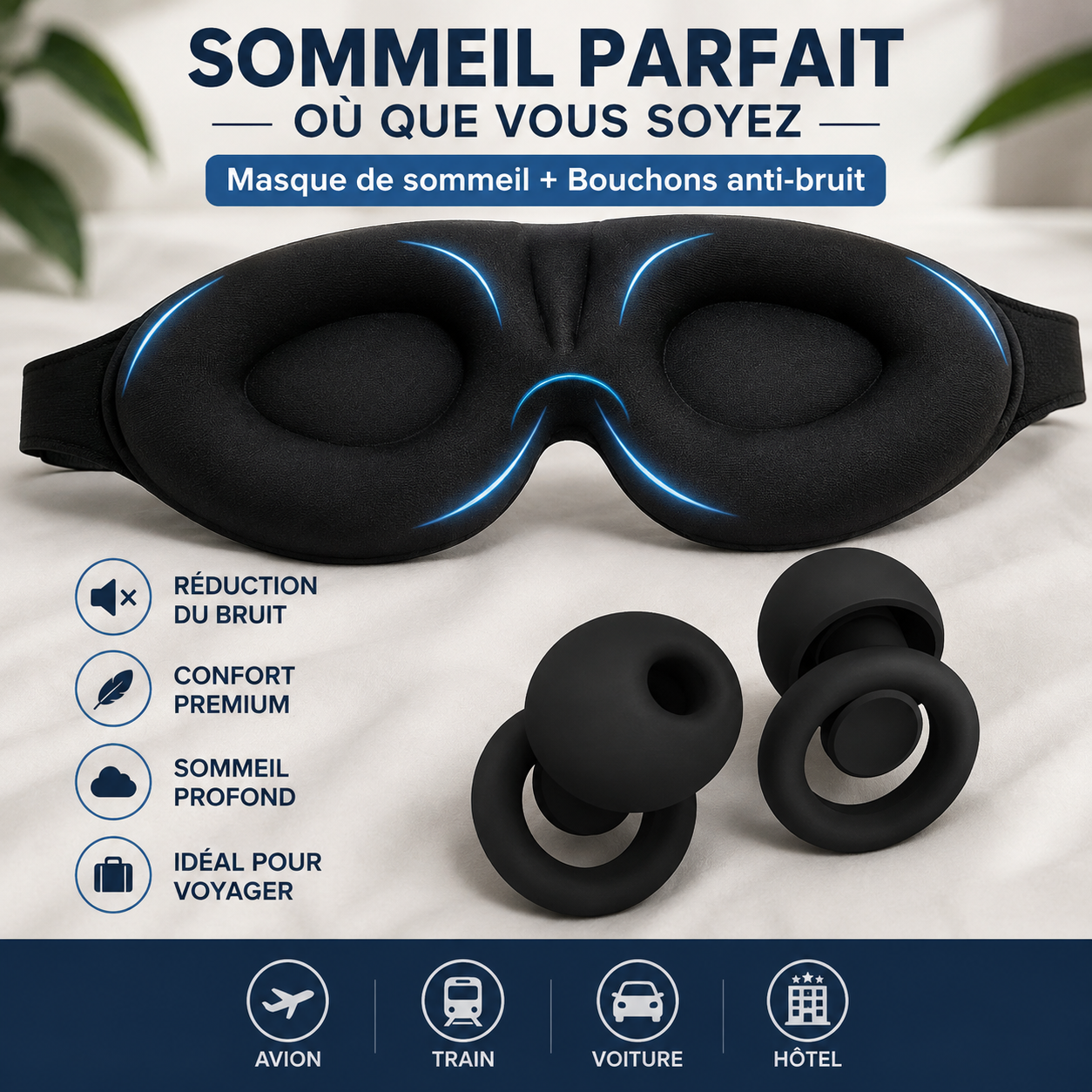 Kit Sommeil Voyage - Masque sommeil 3D & Bouchons anti-bruit